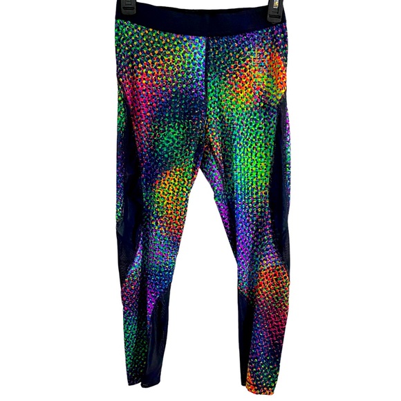 Nike Pro Hypercool Multicolor Print, Black Sheer Mesh Insets Cropped Leggings,M - Picture 4 of 16